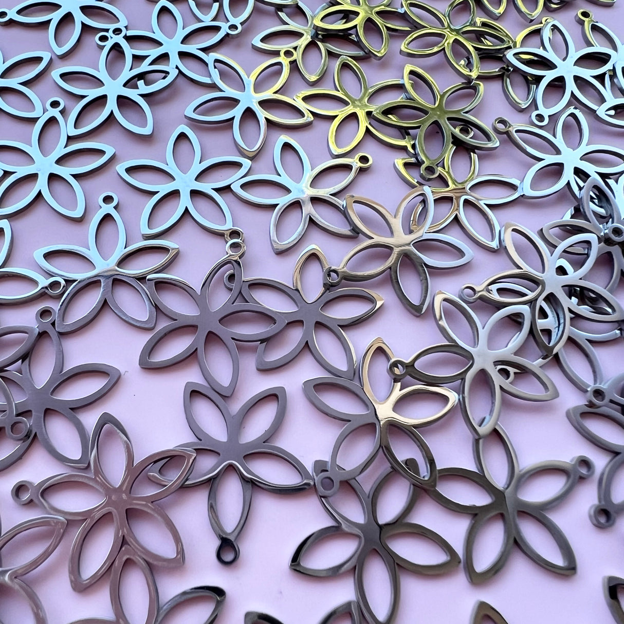 Five Petal Flower Charms - Stainless Steel - 10 pack