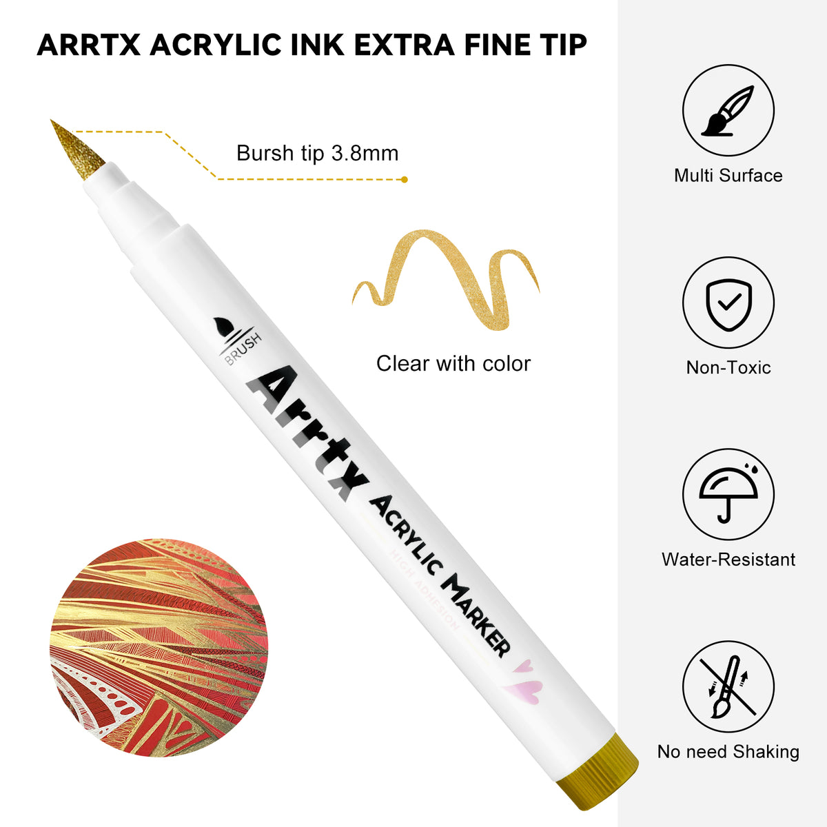 Arrtx Acrylic Paint Pens - White, Black, Gold + Silver Paint Markers (10 pack)