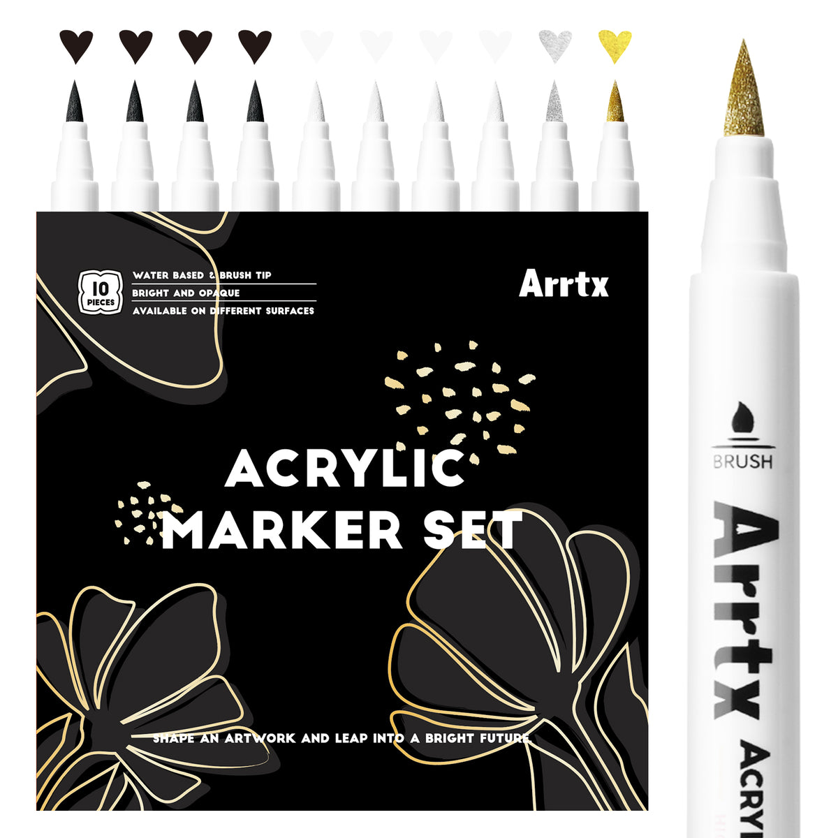 Arrtx Acrylic Paint Pens - White, Black, Gold + Silver Paint Markers (10 pack)