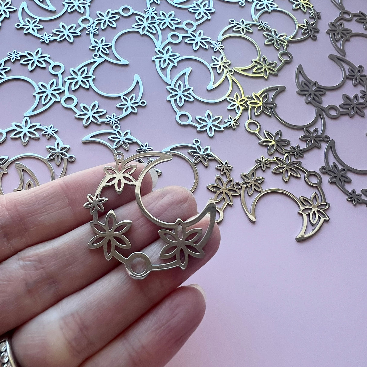 Floral Moon Charms - Stainless Steel