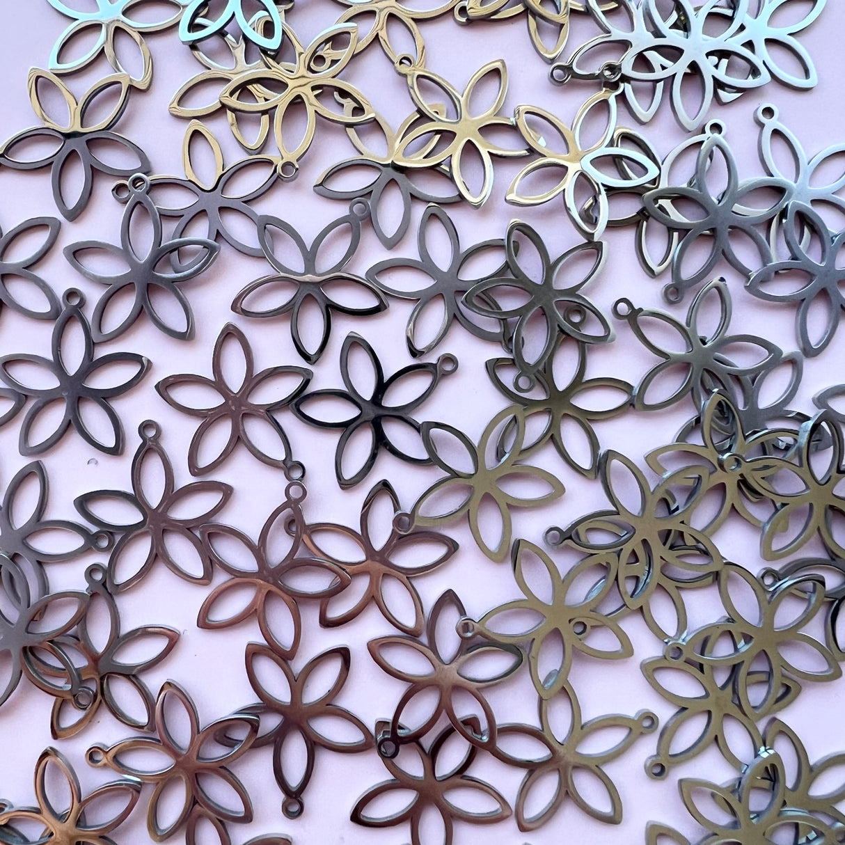 Five Petal Flower Charms - Stainless Steel - 10 pack