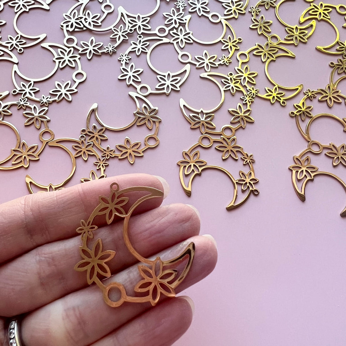 Floral Moon Charms - Gold Plated Stainless Steel