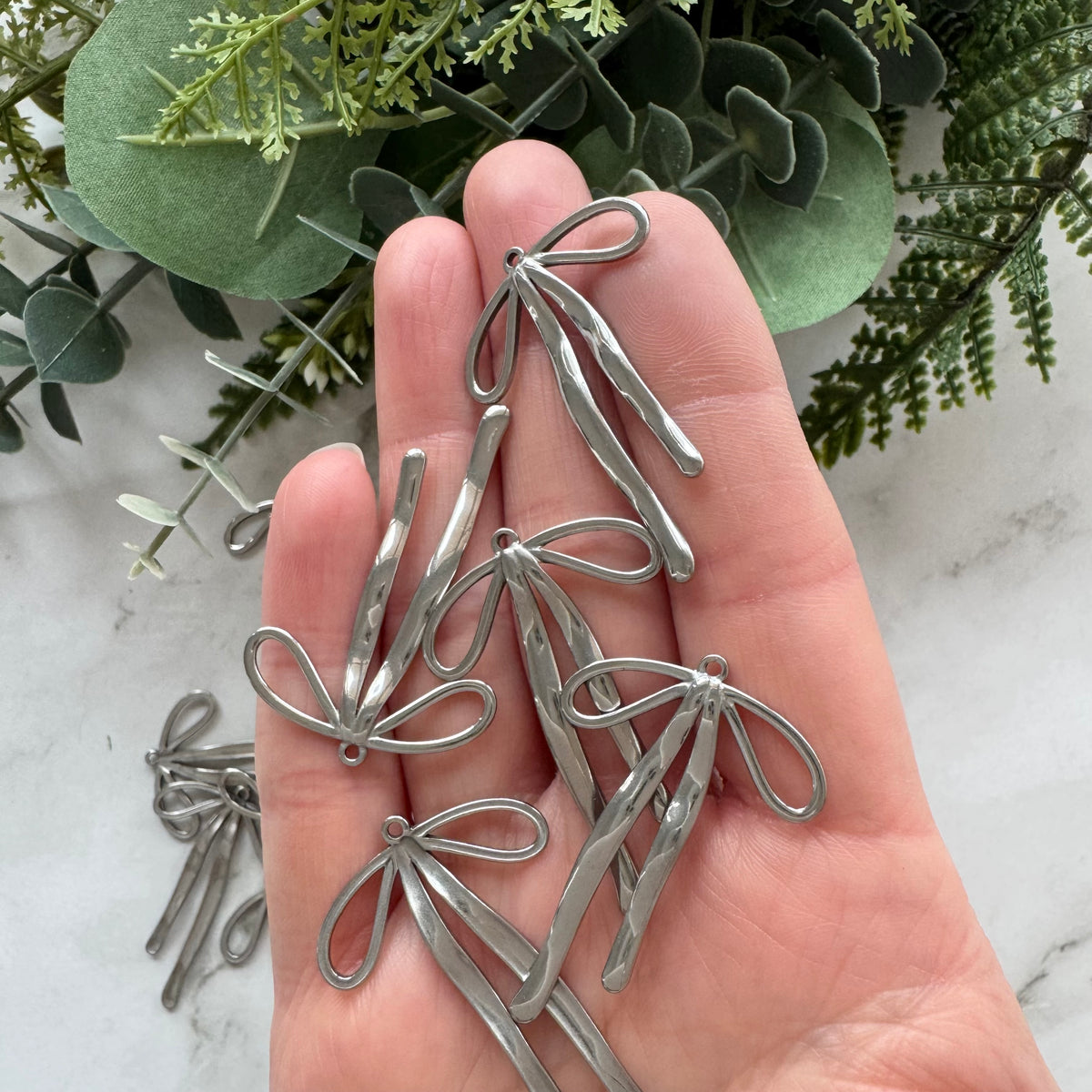 Ribbon Bow Charms - Stainless Steel - 10 pack
