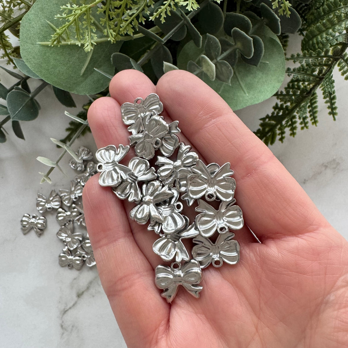 Double Bow Charms - Stainless Steel - 10 pack