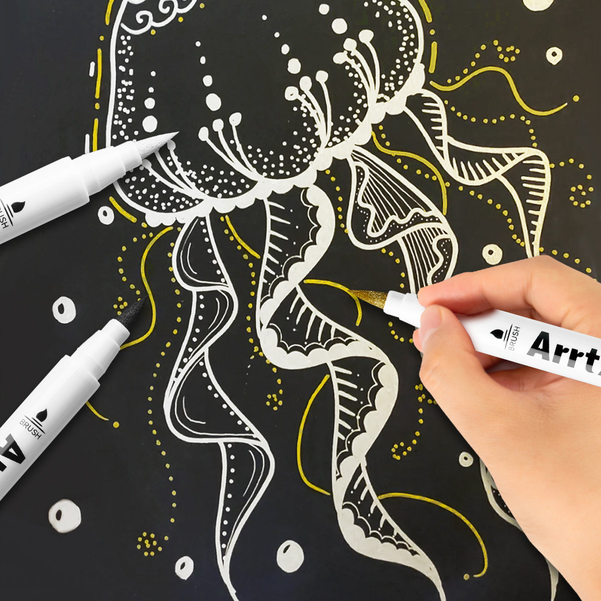 Arrtx Acrylic Paint Pens - White, Black, Gold + Silver Paint Markers (10 pack)