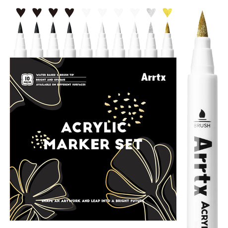 Arrtx Acrylic Paint Pens - White, Black, Gold + Silver Paint Markers (10 pack)
