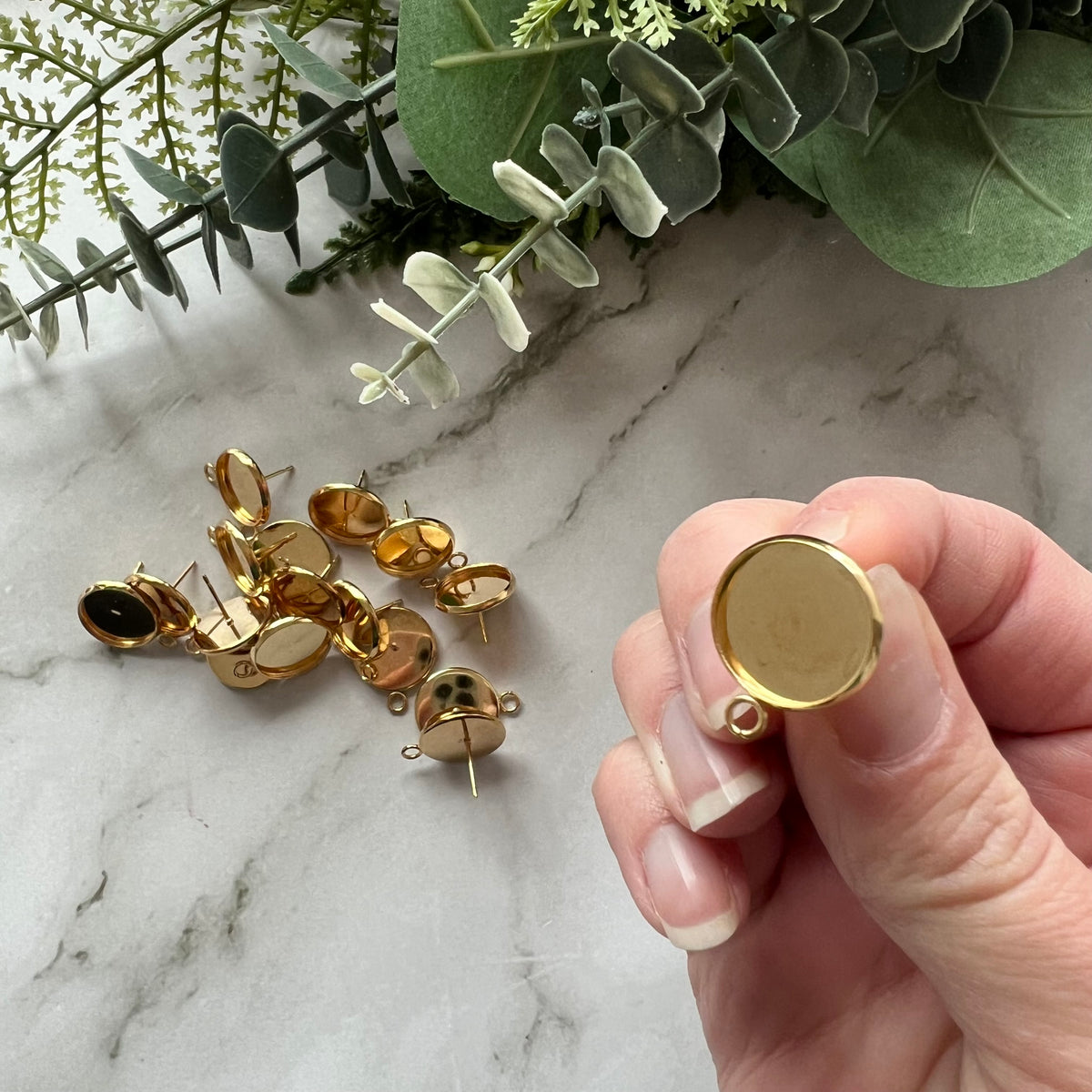 14mm Minimalist Bezel Earring Post with Loop - Gold Plated Stainless Steel