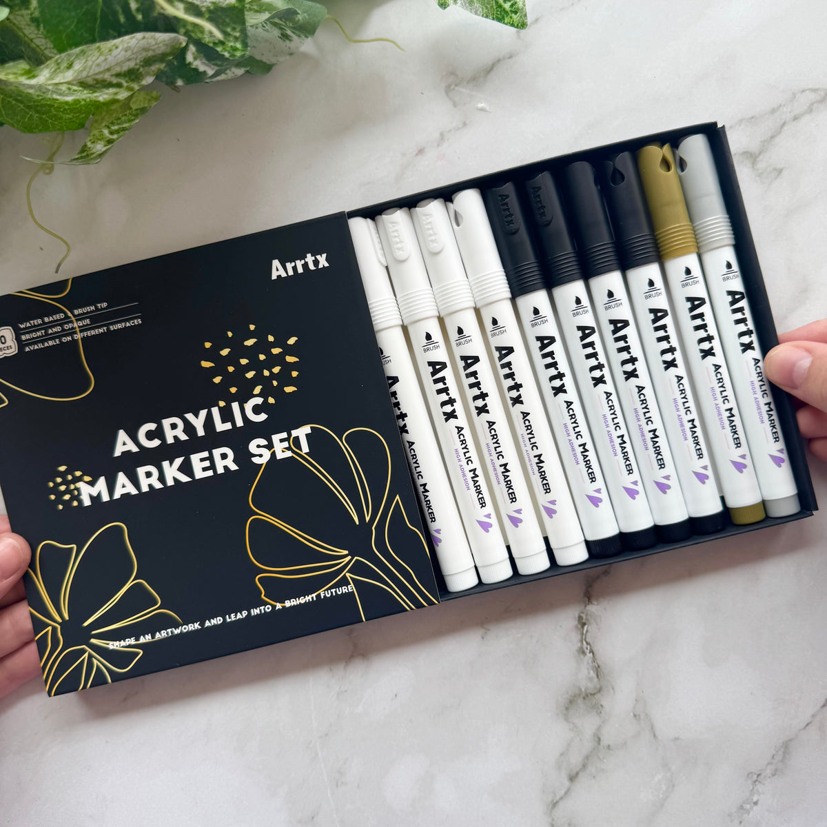 Arrtx Acrylic Paint Pens - White, Black, Gold + Silver Paint Markers (10 pack)