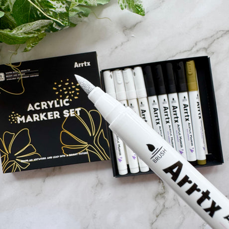 Arrtx Acrylic Paint Pens - White, Black, Gold + Silver Paint Markers (10 pack)