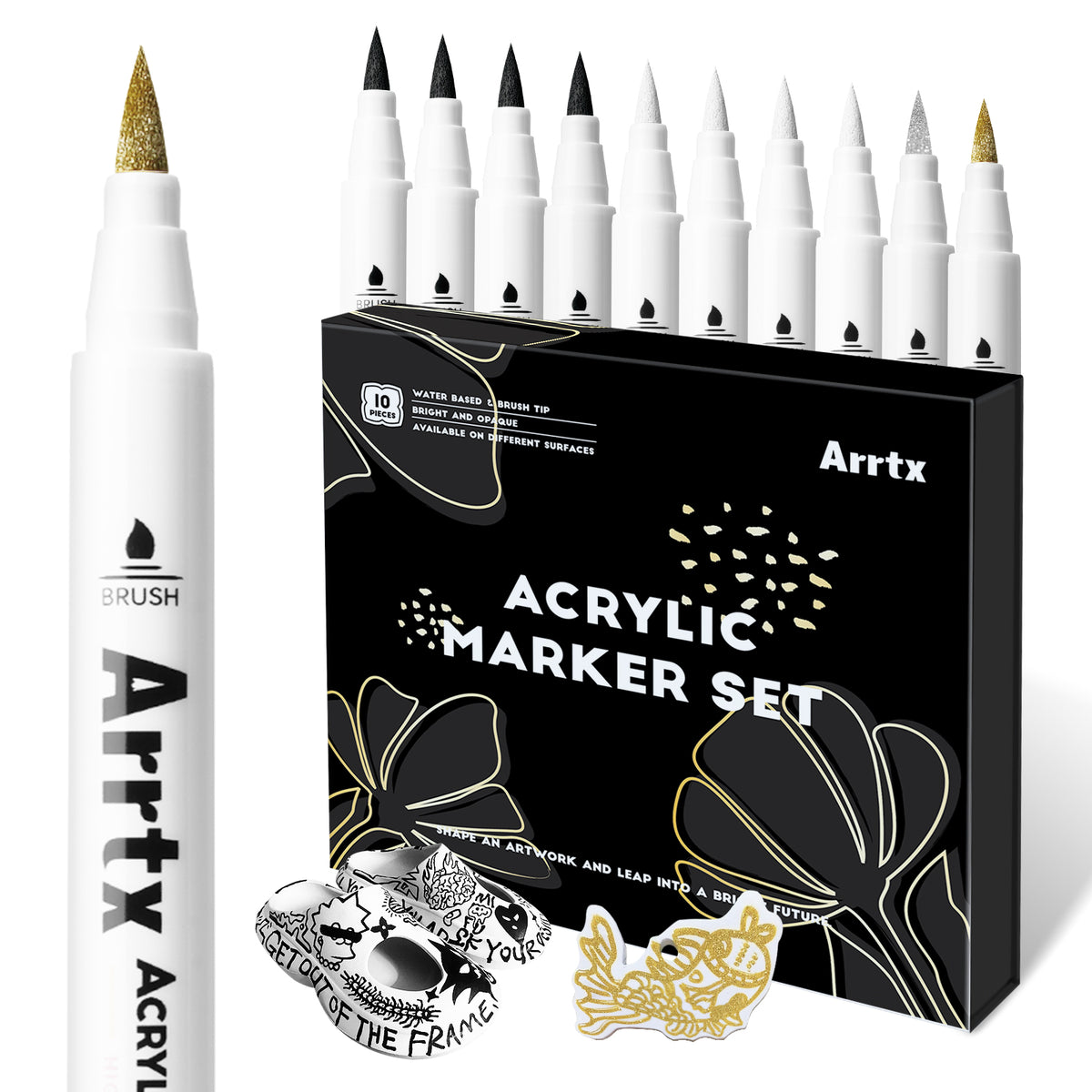 Arrtx Acrylic Paint Pens - White, Black, Gold + Silver Paint Markers (10 pack)
