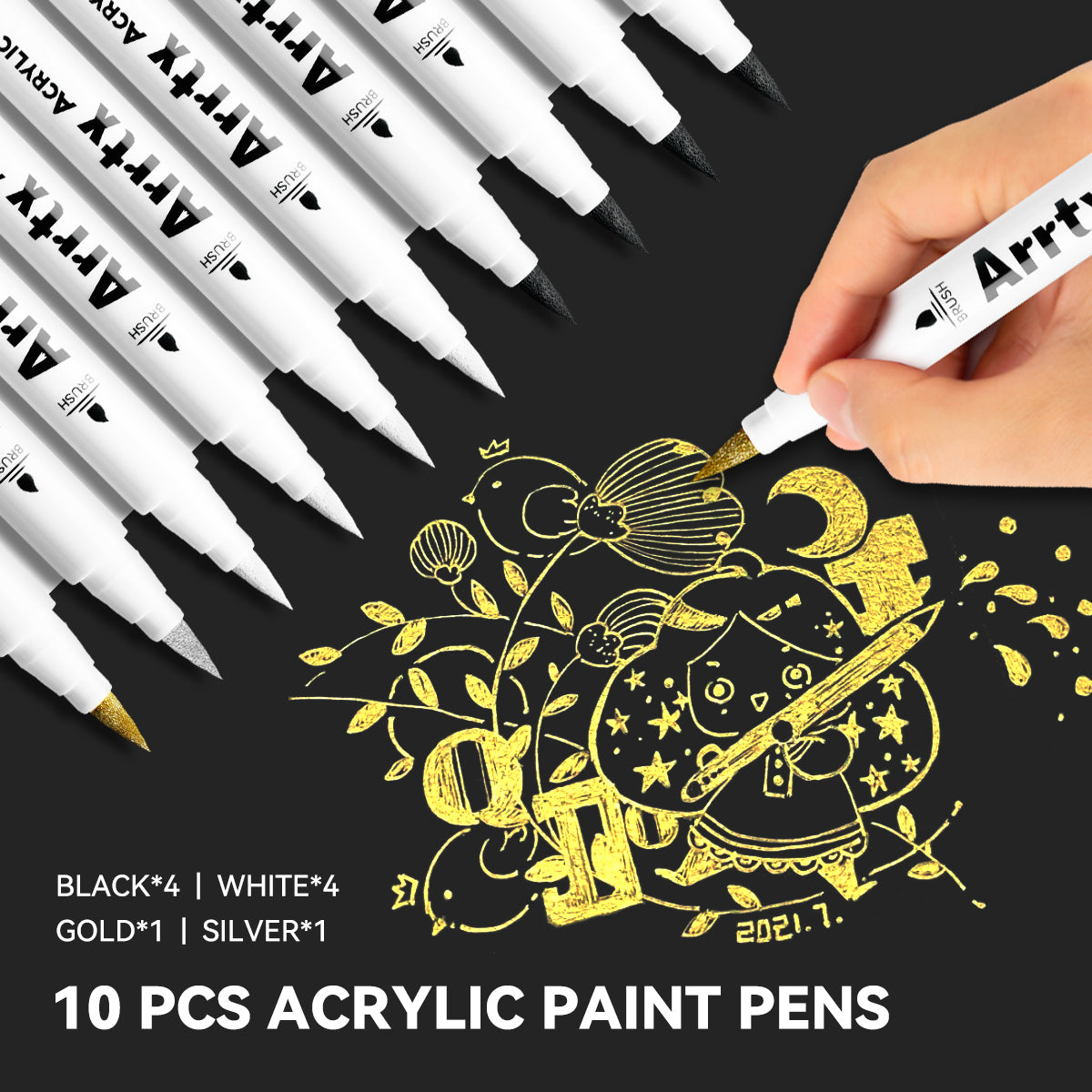 Arrtx Acrylic Paint Pens - White, Black, Gold + Silver Paint Markers (10 pack)
