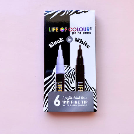 Life of Colour Acrylic Paint Pens - Black and White 1mm Fine Tip - Set of 6