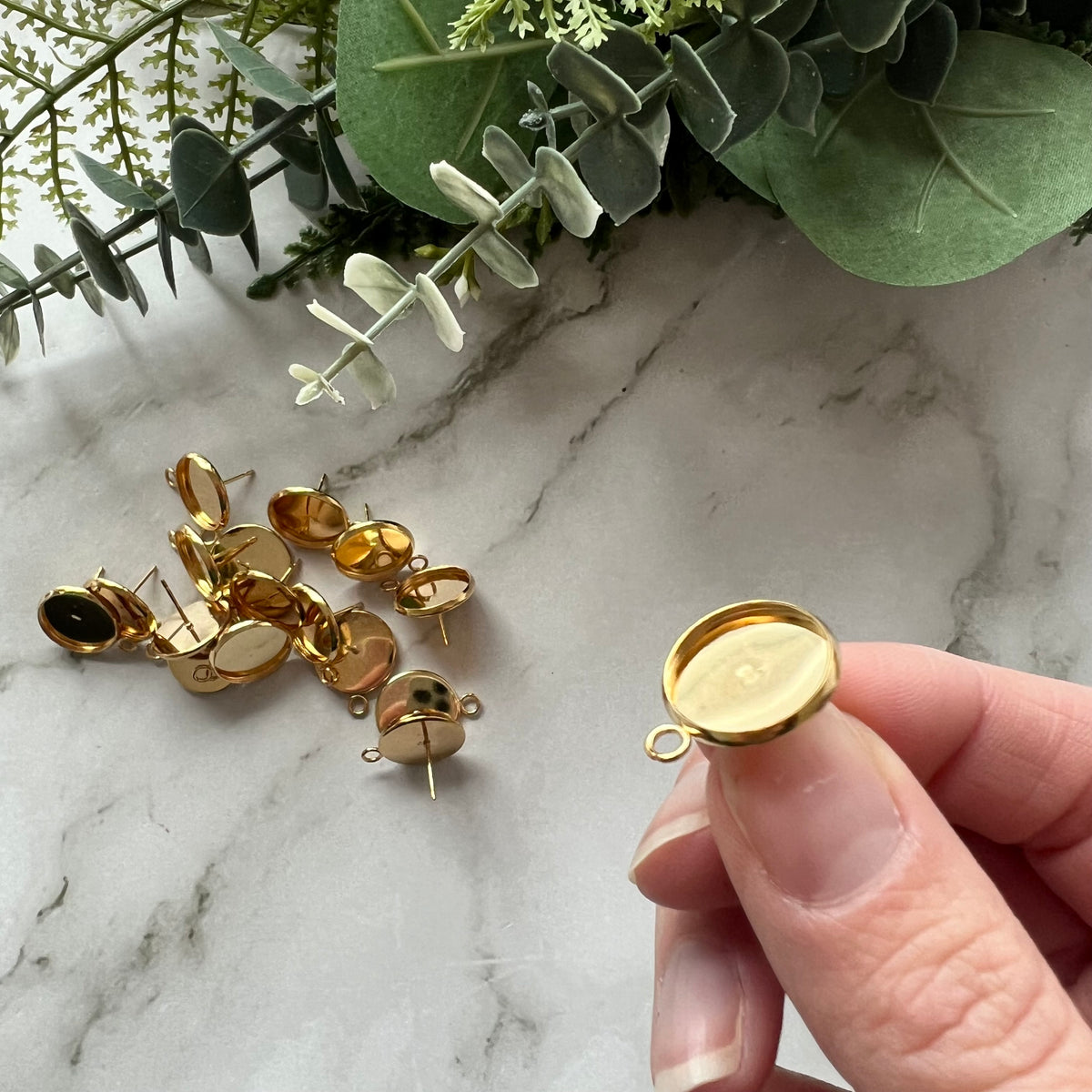 14mm Minimalist Bezel Earring Post with Loop - Gold Plated Stainless Steel