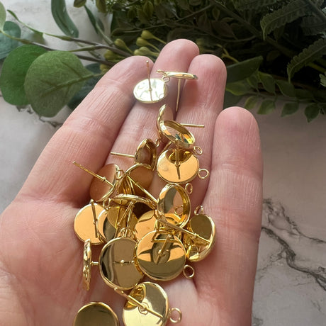 10mm Minimalist Bezel Earring Post with Loop - Gold Plated Stainless Steel