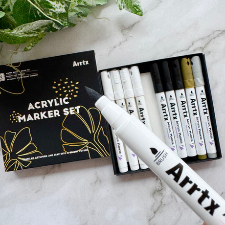 Arrtx Acrylic Paint Pens - White, Black, Gold + Silver Paint Markers (10 pack)