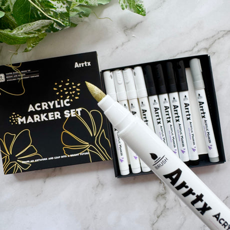 Arrtx Acrylic Paint Pens - White, Black, Gold + Silver Paint Markers (10 pack)