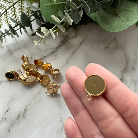 14mm Minimalist Bezel Earring Post with Loop - Gold Plated Stainless Steel