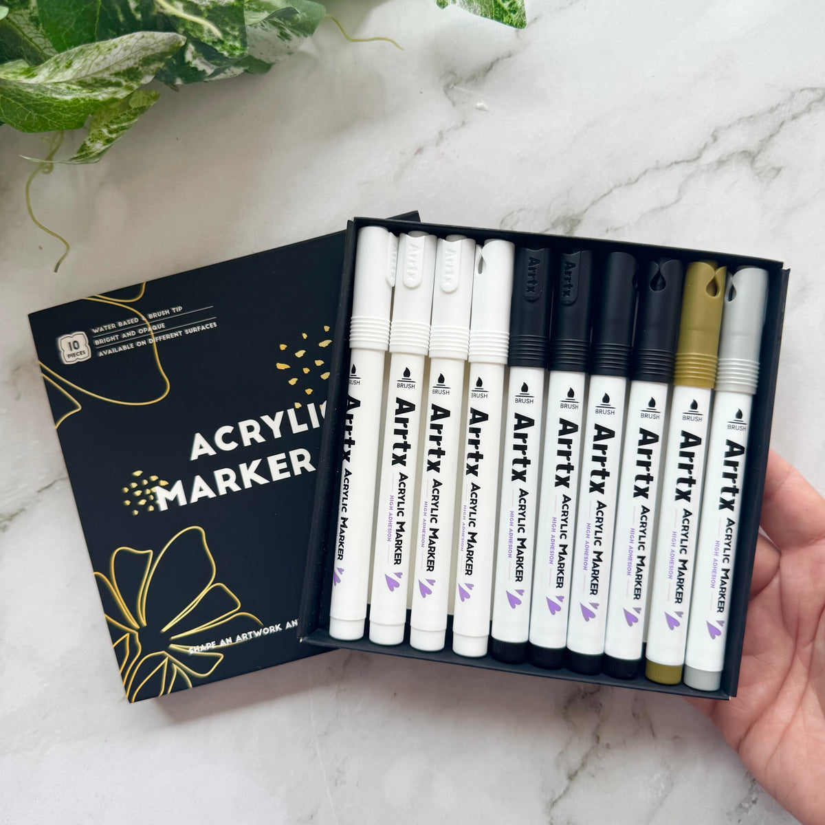 Arrtx Acrylic Paint Pens - White, Black, Gold + Silver Paint Markers (10 pack)