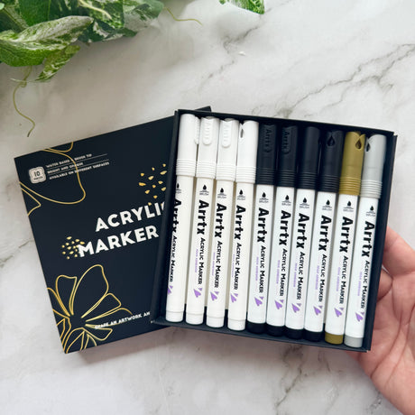 Arrtx Acrylic Paint Pens - White, Black, Gold + Silver Paint Markers (10 pack)