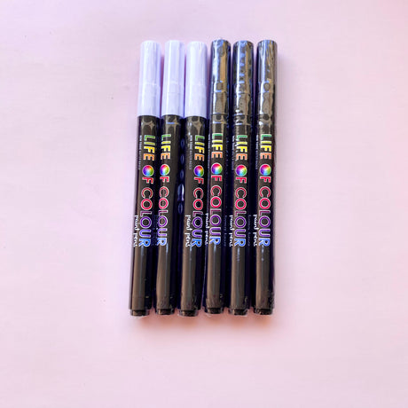 Life of Colour Acrylic Paint Pens - Black and White 1mm Fine Tip - Set of 6