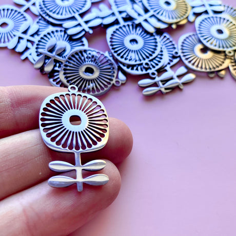 Folk Flower Charms - Stainless Steel - 10 pack
