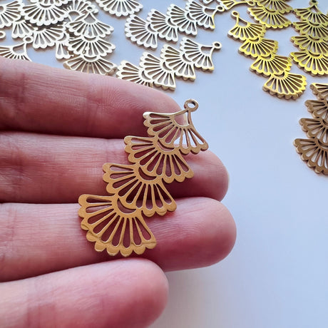 Tiered Ginkgo Leaf Charms - Gold Plated Stainless Steel - 10 pack
