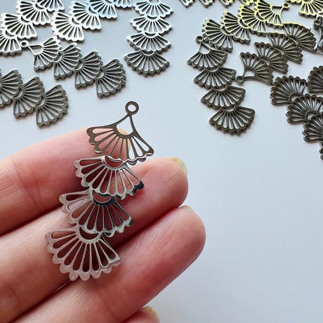 Tiered Ginkgo Leaf Charms - Stainless Steel - 10 pack